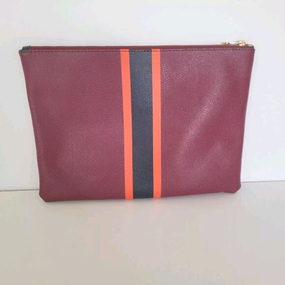 C Wonder Purple Red Stripe Clutch Zip Pouch Faux Leather Vegan Large Bag - Picture 2 of 9
